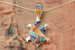 Calvin Begay New Design Genuine Gemstones Sterling Silver Reversible Turtle Pendant